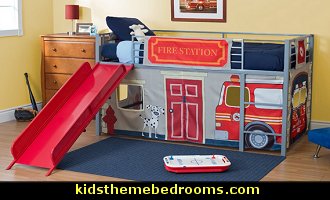 Transform your little boy�s room into a fun play area with the unique Fire Department Curtain Set. Your little firefighter�s imagination will run wild, as he plays and becomes a hero. The hanging panels create a hiding place where he can use to play, relax or just hang out. Panels above can be used for storing toys, books, and any other knick knacks. Watch him enjoy climbing on the bed and going down the slide all day long.